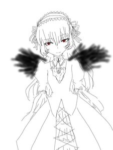 Rating: Safe Score: 0 Tags: bangs blurry bow closed_mouth depth_of_field dress eyebrows_visible_through_hair feathered_wings feathers frills greyscale hair_between_eyes hairband image long_sleeves looking_at_viewer monochrome red_eyes ribbon solo suigintou white_background wings User: admin