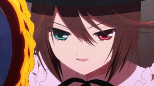 Rating: Safe Score: 0 Tags: 1girl black_headwear brown_hair close-up face frills green_eyes hat image looking_at_viewer open_mouth portrait red_eyes short_hair smile solo souseiseki User: admin