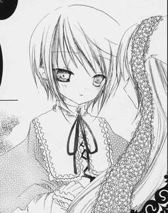 Rating: Safe Score: 0 Tags: 1girl blush eyebrows_visible_through_hair frills greyscale image looking_at_viewer monochrome neck_ribbon ribbon short_hair solo souseiseki traditional_media upper_body User: admin