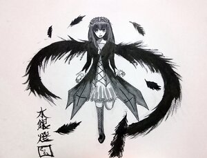 Rating: Safe Score: 0 Tags: 1girl bird black_feathers black_wings crow dress feathered_wings feathers image long_hair long_sleeves looking_at_viewer monochrome solo suigintou wings User: admin