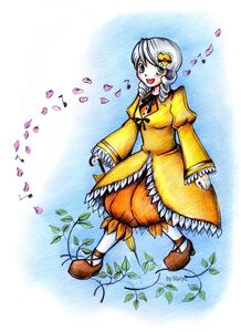 Rating: Safe Score: 0 Tags: 1girl dress eighth_note flower green_eyes hair_ornament image kanaria leaf long_sleeves marker_(medium) musical_note open_mouth petals smile solo traditional_media watercolor_(medium) User: admin
