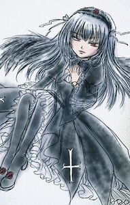 Rating: Safe Score: 0 Tags: 1girl black_dress dress flower frilled_sleeves frills hairband image lolita_hairband long_hair long_sleeves looking_at_viewer red_eyes rose silver_hair solo suigintou traditional_media wings User: admin