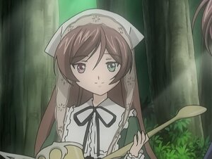 Rating: Safe Score: 0 Tags: 1girl bamboo_forest brown_hair dress forest green_eyes hat holding image long_hair long_sleeves nature outdoors ribbon smile solo suiseiseki tree User: admin