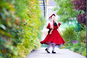 Rating: Safe Score: 0 Tags: 1girl black_footwear blurry bonnet day depth_of_field dress flower long_hair looking_at_viewer outdoors pantyhose red_dress red_headwear shinku shoes solo standing white_hair white_legwear User: admin