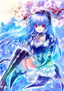 Rating: Safe Score: 0 Tags: 1girl black_legwear blue_hair cherry_blossoms dress frills hairband image long_hair long_sleeves looking_at_viewer ribbon sitting smile solo suigintou thighhighs traditional_media User: admin