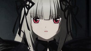 Rating: Safe Score: 3 Tags: 1girl bangs black_ribbon black_wings detached_collar dress eyebrows_visible_through_hair flower hair_ribbon image long_hair looking_at_viewer parted_lips pink_eyes ribbon rose silver_hair solo suigintou User: admin