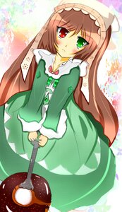 Rating: Safe Score: 0 Tags: 1girl bangs blush brown_hair dress frills green_dress green_eyes heterochromia image long_hair long_sleeves looking_at_viewer red_eyes solo standing suiseiseki very_long_hair User: admin