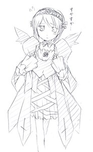 Rating: Safe Score: 0 Tags: 1girl blush closed_mouth dress eyebrows_visible_through_hair feathered_wings flying_sweatdrops frills full_body greyscale image long_sleeves looking_at_viewer monochrome short_hair sleeves_past_fingers sleeves_past_wrists solo standing suigintou white_background wide_sleeves wings User: admin