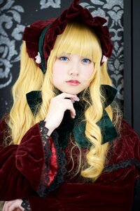 Rating: Safe Score: 0 Tags: 1girl bangs blonde_hair blue_eyes blurry depth_of_field dress eyelashes flower lace lips long_hair looking_at_viewer red_dress red_lips shinku solo User: admin