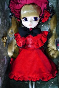 Rating: Safe Score: 0 Tags: 1girl blonde_hair blue_eyes bonnet bow bowtie doll dress flower long_hair looking_at_viewer red_dress rose shinku solo traditional_media very_long_hair User: admin