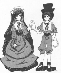 Rating: Safe Score: 0 Tags: 2girls blush dress frills greyscale hat holding_hands image long_hair long_sleeves monochrome multiple_girls neck_ribbon pair ribbon short_hair siblings sisters souseiseki standing suiseiseki twins very_long_hair User: admin