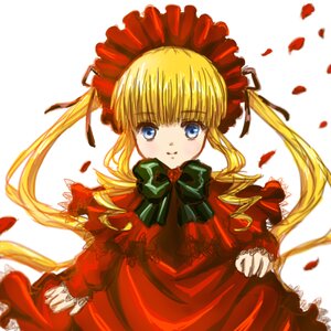 Rating: Safe Score: 0 Tags: 1girl blonde_hair blue_eyes bonnet bow bowtie cowboy_shot dress drill_hair flower frills green_bow image long_hair long_sleeves looking_at_viewer petals red_dress rose rose_petals shinku simple_background solo twintails white_background User: admin