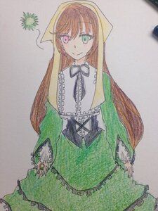 Rating: Safe Score: 0 Tags: 1girl brown_hair dress frills green_dress green_eyes heterochromia image long_hair long_sleeves looking_at_viewer red_eyes simple_background smile solo suiseiseki traditional_media very_long_hair watercolor_(medium) User: admin