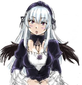 Rating: Safe Score: 0 Tags: 1girl bad_id bad_pixiv_id black_wings blush breasts cleavage detached_collar dress feathers frills hairband image lolita_hairband long_hair long_sleeves looking_at_viewer open_mouth osakana_(denpa_yun'yun) pink_eyes purple_eyes rozen_maiden silver_hair simple_background solo suigintou upper_body white_background white_hair wings User: admin