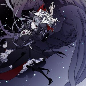 Rating: Safe Score: 0 Tags: 1girl black_dress black_wings dress frills image long_hair long_sleeves night red_eyes sky solo star_(sky) suigintou wings User: admin