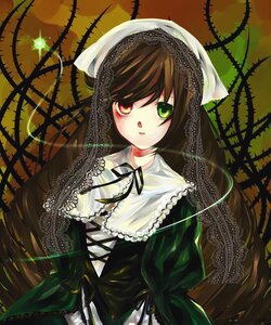 Rating: Safe Score: 0 Tags: 1girl bangs black_ribbon brown_hair dress frills green_eyes heterochromia image lace long_hair long_sleeves looking_at_viewer plant red_eyes ribbon solo suiseiseki very_long_hair User: admin