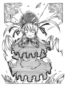 Rating: Safe Score: 0 Tags: 1girl bonnet bowtie capelet closed_eyes dress drill_hair greyscale hat image long_hair long_sleeves monochrome open_mouth outdoors ribbon shinku smile solo standing tree twin_drills twintails User: admin