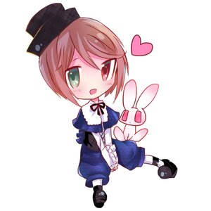 Rating: Safe Score: 0 Tags: 1boy brown_hair chibi dress green_eyes hat heart heterochromia image open_mouth pantyhose short_hair smile solo souseiseki striped stuffed_animal User: admin