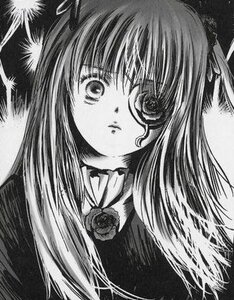 Rating: Safe Score: 0 Tags: 1girl barasuishou choker flower greyscale hair_ribbon image long_hair looking_at_viewer monochrome ribbon rose solo suigintou traditional_media two_side_up User: admin