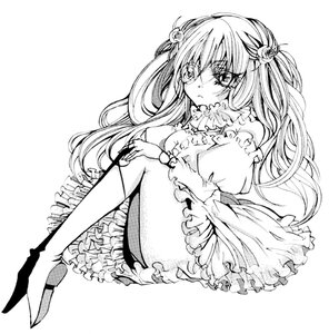 Rating: Safe Score: 0 Tags: 1girl boots dress frilled_dress frills full_body greyscale hair_ornament image kirakishou long_hair looking_at_viewer monochrome sitting solo two_side_up User: admin