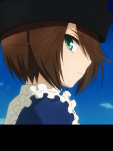Rating: Safe Score: 0 Tags: 1girl apron black_headwear blue_background blue_headwear brown_hair closed_mouth face frills from_side green_eyes hair_over_one_eye hat image letterboxed ng profile short_hair solo souseiseki User: admin