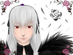 Rating: Safe Score: 0 Tags: 1girl black_ribbon black_wings feathers flower hairband image long_hair looking_at_viewer purple_rose red_eyes red_rose ribbon rose silver_hair solo suigintou User: admin