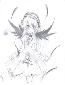 Rating: Safe Score: 0 Tags: 1girl blush dress eyebrows_visible_through_hair feathered_wings feathers frills greyscale hairband image long_sleeves looking_at_viewer monochrome ribbon solo suigintou traditional_media white_background wings User: admin