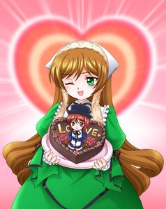 Rating: Safe Score: 0 Tags: brown_hair chibi dress food green_dress green_eyes hat image long_hair long_sleeves multiple_girls one_eye_closed open_mouth pair red_eyes smile souseiseki suiseiseki very_long_hair User: admin