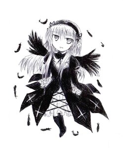 Rating: Safe Score: 0 Tags: 1girl bird black_feathers black_wings boots crow dove dress feathered_wings feathers full_body greyscale hairband image long_hair long_sleeves looking_at_viewer monochrome seagull simple_background solo standing suigintou white_background white_feathers wings User: admin