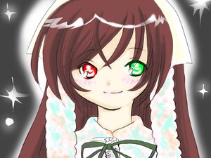 Rating: Safe Score: 0 Tags: 1girl blush brown_hair green_eyes image looking_at_viewer portrait red_eyes ribbon short_hair smile solo sparkle sparkle_background suiseiseki User: admin