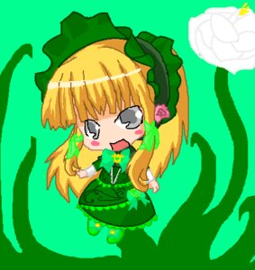 Rating: Safe Score: 0 Tags: 1girl blonde_hair bonnet chibi dress flower full_body green_background green_dress green_theme image long_hair long_sleeves open_mouth rose shinku solo transparent_background User: admin