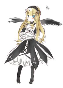 Rating: Safe Score: 0 Tags: 1girl angel_wings anger_vein apron bangs black_dress black_footwear black_wings blonde_hair blue_eyes blush boots closed_mouth costume_switch dress eyebrows_visible_through_hair feathered_wings frills full_body image long_hair long_sleeves low_wings simple_background solo standing striped white_apron white_background white_wings wings User: admin