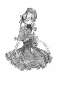 Rating: Safe Score: 0 Tags: 1girl bonnet dress frills greyscale image long_hair long_sleeves looking_at_viewer monochrome shinku sitting solo traditional_media twintails very_long_hair User: admin