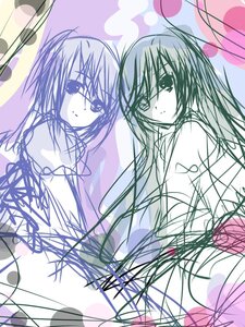 Rating: Safe Score: 0 Tags: 2girls bangs eyebrows_visible_through_hair heart image long_hair looking_at_viewer looking_back monochrome multiple_girls pair plant purple_theme sketch souseiseki suiseiseki twintails User: admin
