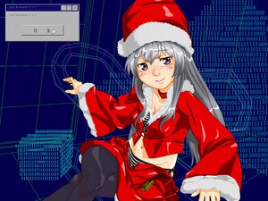 Rating: Safe Score: 0 Tags: 1girl black_legwear blush chain-link_fence fence hat honeycomb_(pattern) honeycomb_background image long_hair midriff pantyhose pink_eyes santa_costume santa_hat silver_hair smile solo suigintou User: admin