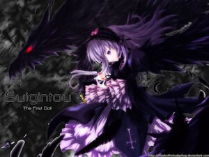 Rating: Safe Score: 0 Tags: 1girl black_wings copyright_name dress feathers frilled_sleeves frills hairband image long_hair long_sleeves purple_eyes solo suigintou wings User: admin
