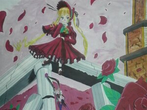 Rating: Safe Score: 0 Tags: 1girl blonde_hair blue_eyes bonnet dress flower image long_hair petals red_dress rose rose_petals shinku sitting solo twintails User: admin