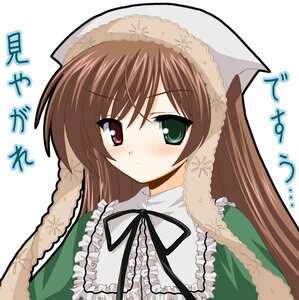 Rating: Safe Score: 0 Tags: 1girl blush brown_hair dress frills green_dress green_eyes hat head_scarf heterochromia image long_hair long_sleeves pout red_eyes ribbon rozen_maiden simple_background solo suiseiseki translation_request upper_body waiai white_background User: admin