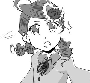 Rating: Safe Score: 0 Tags: 1girl :o ahoge bangs blush drill_hair emphasis_lines flower greyscale hair_flower hair_ornament image kanaria long_sleeves monochrome neck_ribbon open_mouth ringlets rose shirt solo striped twin_drills upper_body vertical_stripes white_background User: admin