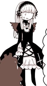 Rating: Safe Score: 0 Tags: 2girls blush dress greyscale hair_over_eyes hairband image lolita_hairband long_hair long_sleeves monochrome multiple_girls open_mouth solo suigintou sweat white_background wings User: admin