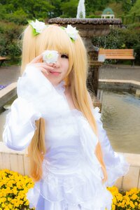 Rating: Safe Score: 0 Tags: 1girl bangs blonde_hair day dress flower kirakishou lips long_hair long_sleeves outdoors photo solo striped sunflower white_dress User: admin