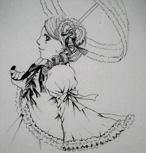 Rating: Safe Score: 0 Tags: 1girl dress drill_hair frills greyscale hair_ornament image kanaria long_sleeves monochrome parasol solo traditional_media twin_drills umbrella User: admin