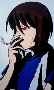 Rating: Safe Score: 0 Tags: bangs brown_hair cigarette holding image red_eyes shirt simple_background smoking solo souseiseki upper_body User: admin