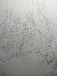 Rating: Safe Score: 0 Tags: 1girl dress frills greyscale hair_ribbon image long_hair long_sleeves looking_at_viewer monochrome ribbon shinku simple_background sketch solo traditional_media User: admin