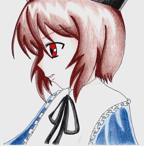 Rating: Safe Score: 0 Tags: 1girl black_ribbon bow frilled_shirt_collar frills from_side hair_bow image looking_at_viewer red_eyes red_hair ribbon short_hair simple_background solo souseiseki User: admin