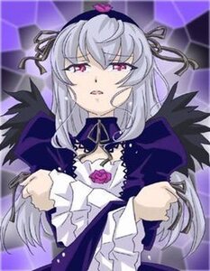 Rating: Safe Score: 0 Tags: 1girl black_wings dress flower frills image long_hair long_sleeves looking_at_viewer open_mouth pink_eyes rose silver_hair solo suigintou upper_body wings User: admin