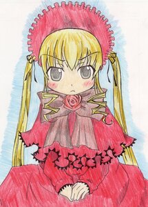 Rating: Safe Score: 0 Tags: 1girl :< blonde_hair blush bonnet bow bowtie dress drill_hair flower image long_hair long_sleeves looking_at_viewer pout red_dress rose shinku solo traditional_media twintails very_long_hair User: admin