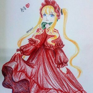 Rating: Safe Score: 0 Tags: 1girl blonde_hair blue_background blue_eyes bonnet dress flower frills image long_hair long_sleeves looking_at_viewer marker_(medium) photo red_dress rose shinku solo traditional_media twintails User: admin