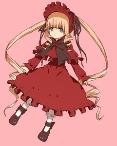 Rating: Safe Score: 0 Tags: 1girl auto_tagged black_footwear blonde_hair blue_eyes bonnet bow bowtie dress drill_hair flower full_body image long_hair long_sleeves looking_at_viewer pink_background red_dress rose shinku shoes simple_background solo standing twintails very_long_hair User: admin
