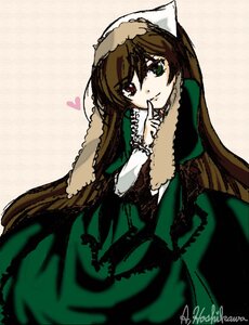 Rating: Safe Score: 0 Tags: 1girl artist_name brown_hair dress finger_to_mouth frills green_dress green_eyes heart heterochromia image index_finger_raised long_hair long_sleeves looking_at_viewer red_eyes simple_background smile solo suiseiseki very_long_hair User: admin